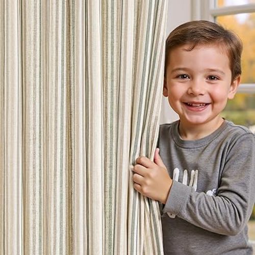 jinchan Colorful Linen Curtains for Nursery Living Room Multi Green on Beige Striped Curtains for Bedroom Cute Ticking Stripe Farmhouse Baby Boys Kids Room Light Filtering Grommet 2 Panels 84 inch