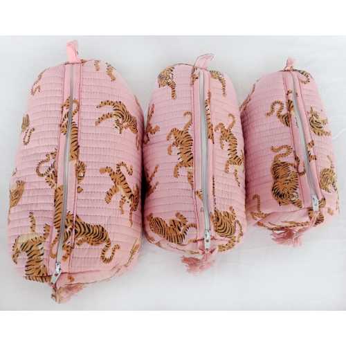 Cotton Tiger Print Toiletry Bag Set: Quilted Makeup Travel Pouches