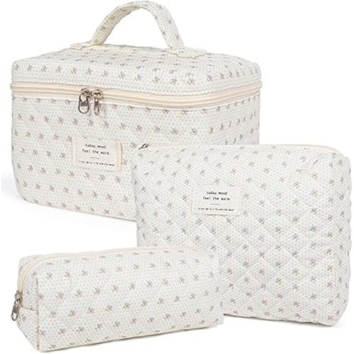 Makeup Bag,Quilted Cosmetic Bag,Large Floral Make Up Bag for Women,Cotton Makeup Bag Set,Flower Travel Toiletry Bag
