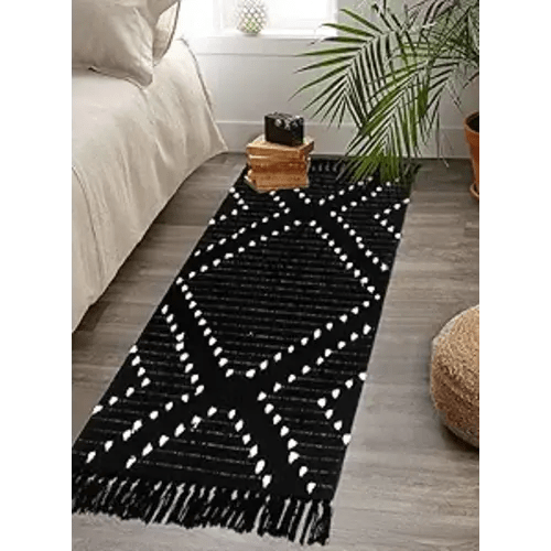 HAOCOO Boho Bathroom Runner Rug 2’ X 4.3’, Black Geometric Washable Woven Cotton Diamond Area Rug, Chic Moroccan Tribal Tassel Kitchen Rug,Throw Floor Mat Carpet Decorative for Living Room Bedroom