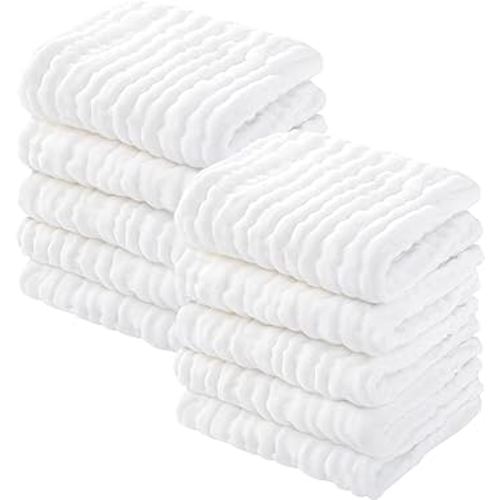 Yoofoss Muslin Baby Washcloths 100% Cotton Face Towels 10 Pack Wash Cloths for Baby 12x12in Soft and Absorbent Baby Wipes (White)