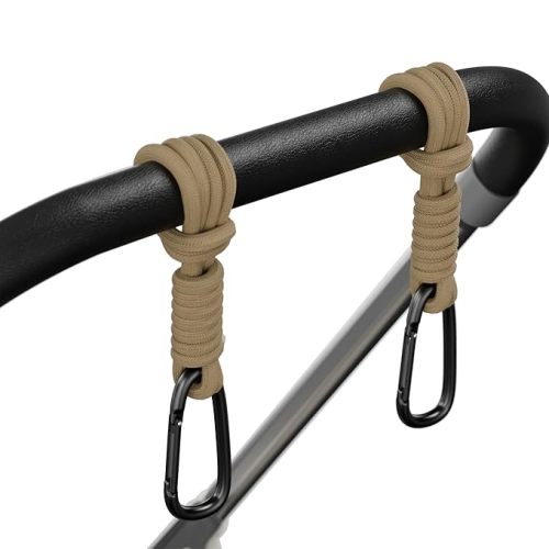Baby Stroller Hooks, Universal Clips for Diaper and Mommy Bags, Heavy-Duty Hangers with Straps, Practical Stroller Accessory for Moms, Brown-2pc