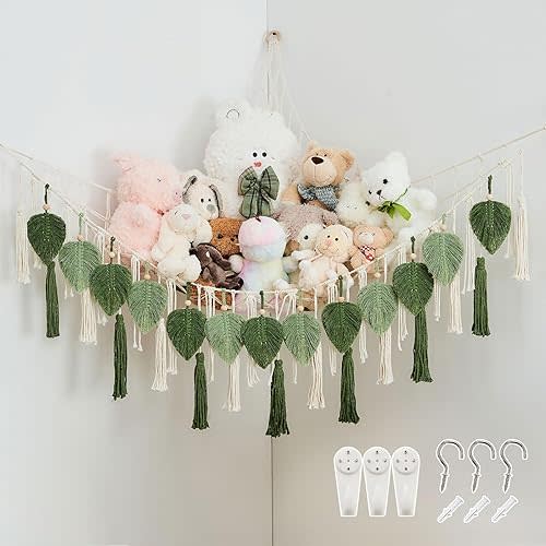 Stuffed Animal Storage with Hand Woven Leaf Tassels Hammock Corner Hanging Net Boho Macrame Plush Storage for Toys Kid Room Nursery Decor Wall Display for Girls Gift(Sage Green&Avocado Green)