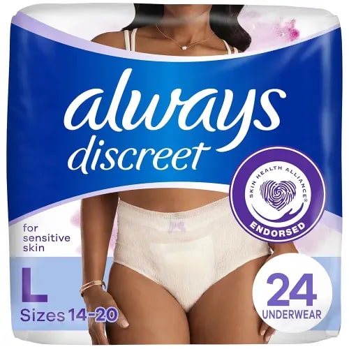 Always Discreet for Sensitive Skin Underwear, Four Times Skin Protection, Dermatologically Tested, Fragrance-Free, Maximum Absorbency, L, 24 CT