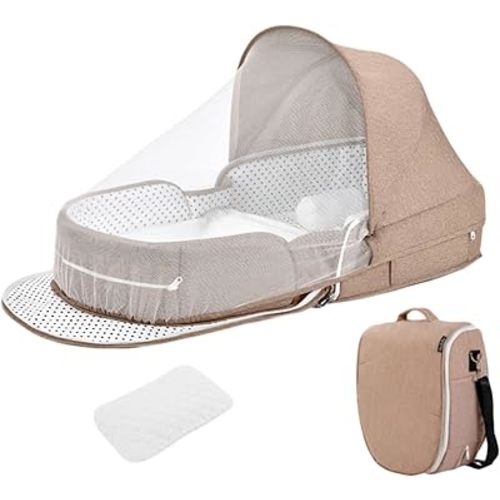 Baby Travel Bassinet Portable Bassinets, Foldable Carry Bag Bassinet Travel Crib, Lightweight Baby Lounger Pod Infant Bed with 2-1 Mosquito & Canopy (Khaki)