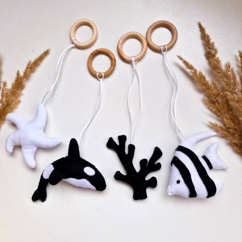 Baby gym toys, monochrome sensory toys, handmade activity toy, black white hanging toy, ocean nursery decor, baby shower gift, newborn gift