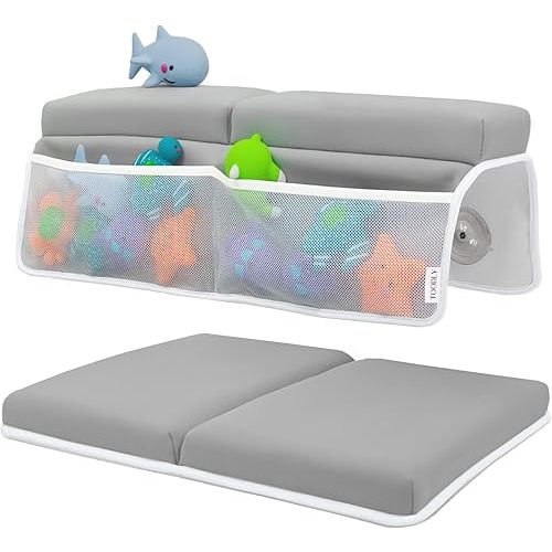 Baby Bath Kneeler and Elbow Rest Pad Set - Baby Bath Support for Knees and Elbows - Bath Kneeler Pad with Memory Foam and Bath Toys Organizer - Ideal Bath Kneeling Pad for Bathing Baby - Grey