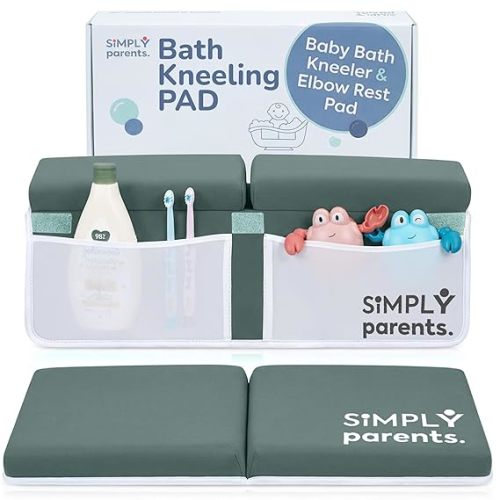 Baby Bath Kneeler and Elbow Rest Pad Set - Quick-Dry, Non-Slip Kneeling Pad for Bathing Toddler, Toy Organizer Pockets, Gift Box, Accessories for Tub, Green