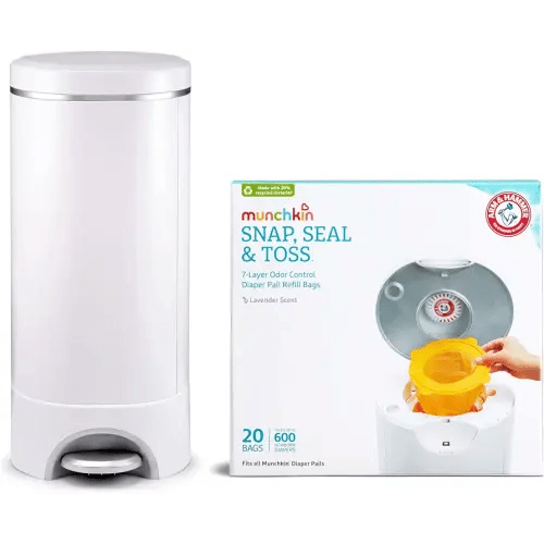 Munchkin® STEP™ Diaper Pail Powered by Arm & Hammer, #1 in Odor Control, Award-Winning, Includes 21 Snap, Seal & Toss™ Bags, 1 Starter Refill Ring, and 1 PUCK™ Baking Soda Cartridge