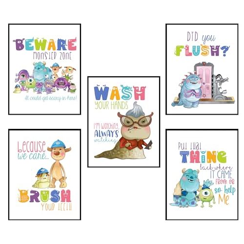 Silly Goose Gifts Because We Care, Brush Your Teeth! - Monsters Inc Themed Bathroom Wall Art Prints Decor (Set of 5) Poster Picture Bath