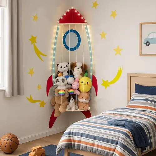 PUTSKA Corner Stuffed Animal Storage Organizer - Stuffed Animal Holder, Stuffy Storage, Space-Saving Plushies and Toy Corner Organizer for Kids Room - Spaceship