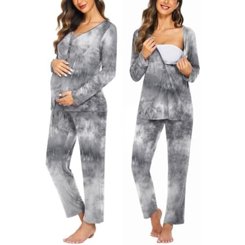 Ekouaer Maternity Nursing Pajama Sets Labor Delivery Pjs Long Sleeve Breastfeeding Pajamas Pregnancy Sleepwear Set