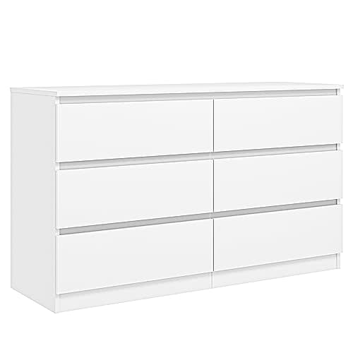 Vibe & Dine White Dresser 6 Drawer, Modern Double Dresser for Bedroom, Wood Chest of Drawers with Wide Storage for Living Room