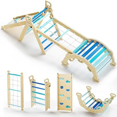 BlueWood 2024 8 in 1 Pikler Triangle Climbing Set Montessori Climbing Set Toddler Climbing Toys Indoor Baby Jungle Gym Pikler Climbing Toys Toddler Climber Indoor Playground for Kids - Sky Blue