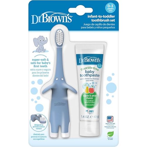 Dr. Brown's Infant-to-Toddler Training Toothbrush Set for 0-3 Years, Blue Elephant with Fluoride-Free Apple Pear Baby Toothpaste