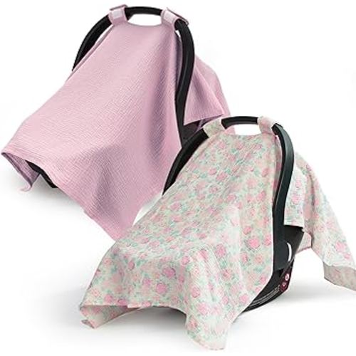 SERAPHY 100% Muslin Cotton Car Seat Cover Baby, 2 Pack Universal Carseat Covers Baby Boy Girl, Breathable Car Seat Canopy, Soft Infant Car Seat Cover for Summer and Winter—2 Pcs Pink&Flowers