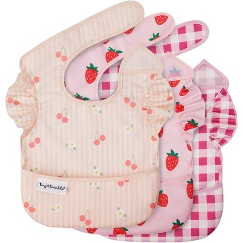Tiny Twinkle Mess-Proof Baby Bibs for Eating | Waterproof, Wipeable Toddler Bibs with Catch-All Pocket | Feeding Bibs for Girls & Boys(3 Pack,Cherry Coquette,Strawberries,Raspberry Gingham)