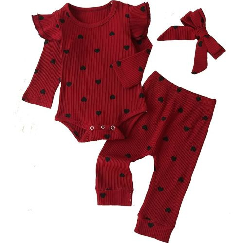 Fullfamous Baby Girl's 3pc Rib Frill Long Sleeve Romper and Pant Set - 6-9 Months - Wine Withs Hearts