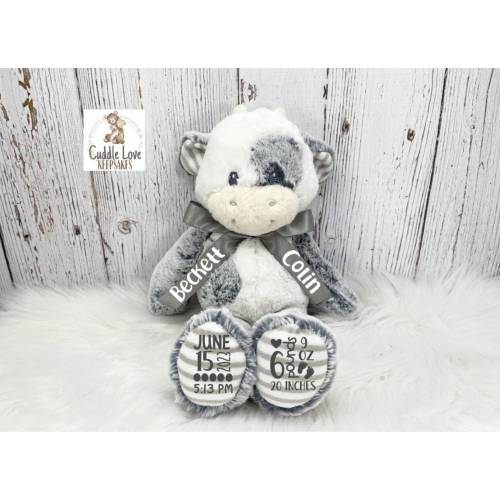 Cow Birth Stats Stuffed Animal, Personalized Plush Cow Birth Announcement, Custom Plush Cow Newborn Baby Boy Girl, Farm Theme Baby Gift Idea