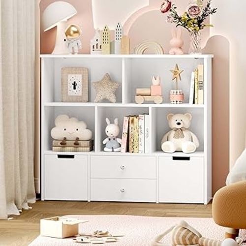 FOTOSOK Toy Storage Organizer with 4 Drawers, Toy Organizers and Storage with Concealed Wheels and 5 Storage Cubbies, Multifunctional Storage Chest Storage Organization, Playroom Furniture, White