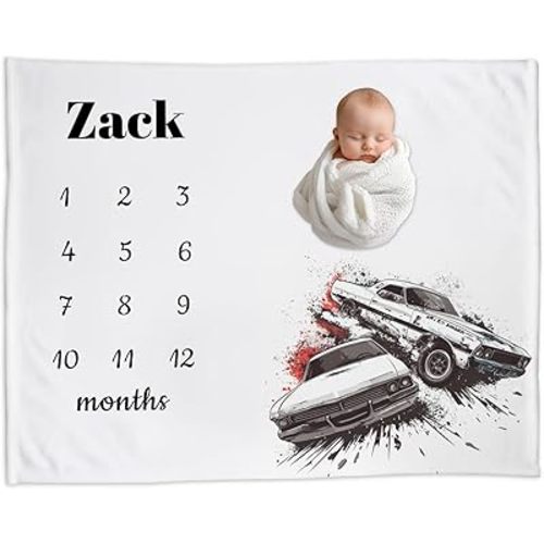 Custom Baby Boy Milestone Blanket with Name – Personalized Raing Car Monthly Blanket for Newborn, Soft for Boys, Photo Prop Blankets for New Moms