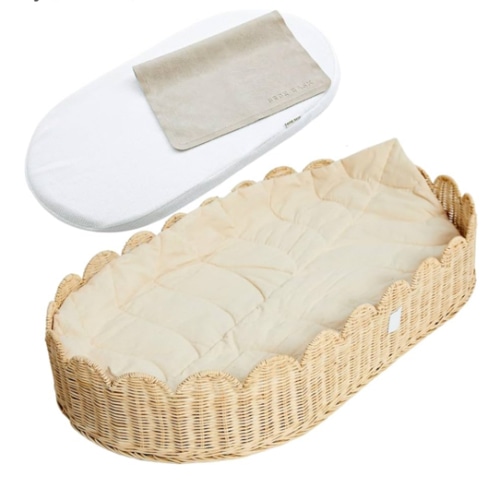 Bebe Bask Premium Baby Changing Basket - Artisan-Crafted Scalloped Rattan - Changing Basket for Baby Dresser - All Accessories Included - Complete Set for Nursery (Natural)