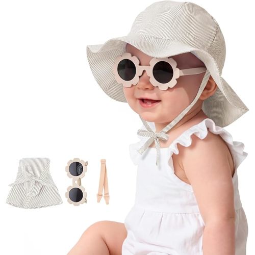 Durio Baby Sun Hat and Sunglasses - UPF50+ Sun Protection Hat for Boy Girl, Wide Brim Summer Beach Hats for Newborn Toddler