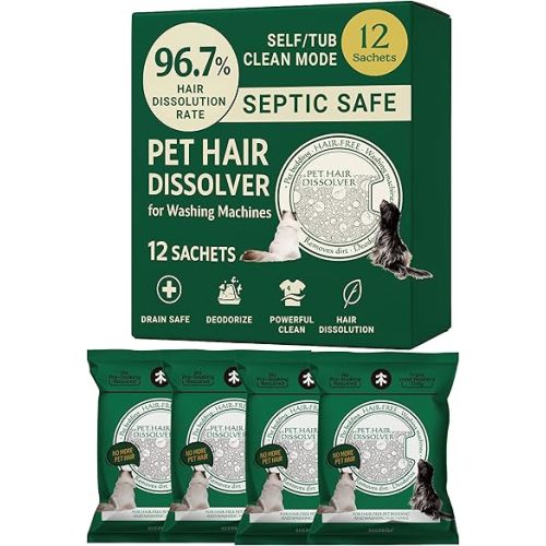 Pet Hair Dissolver for Washing Machine, Pet Hair Remover for Laundry, 96.7% Dissolution Rate, Cat & Dog Hair Remover, 12 Sachets, Up to 12 Months of Use, HE/Top/Front-Load Compatible