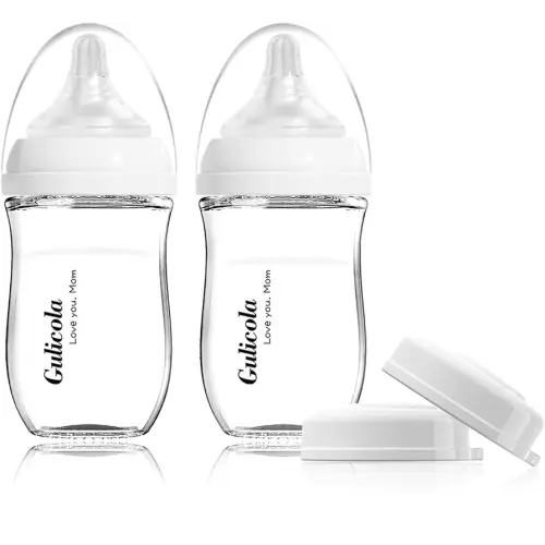 Gulicola Natural Glass Baby Bottle for Breastfeeding Babies, Newborn Anti-Colic Bottle Set with Slow Flow Nipple, 0-3 Months, 5 oz, 2 Pack - White