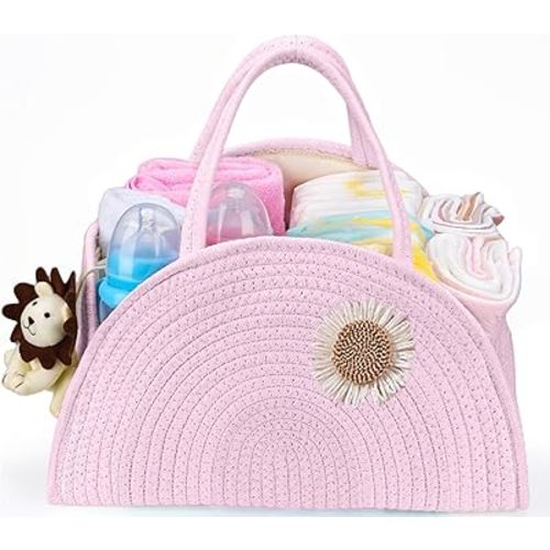 Baby Diaper Caddy Organizer, Baby Basket for Diapers and Baby Wipes, Newborn Essentials for Boys and Girls, Gift for Baby Shower,Pink