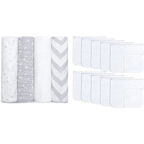 Comfy Cubs Muslin Burp Cloths 10 Pack and Muslin Swaddle Blankets Bundle