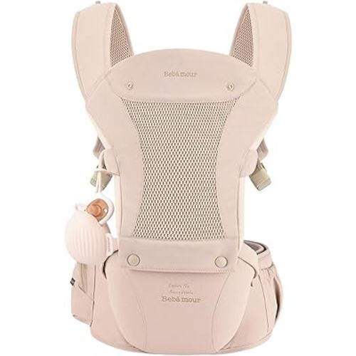 Bebamour Baby Carrier with Hip Seat,All-Position Breathable Mesh Hip Seat & Carrier 0-36Months with Head Hood, 3 PCS Teething Pads, Waist Extender,Storage Bag & Pacifier Case (Pink)