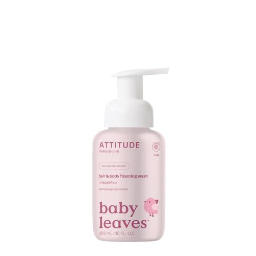 ATTITUDE 2-in-1 Hair and Body Foaming Baby Wash, EWG Verified Shampoo Soap, Dermatologically Tested, Made with Naturally Derived Ingredients, Vegan, Unscented, 10 Fl Oz