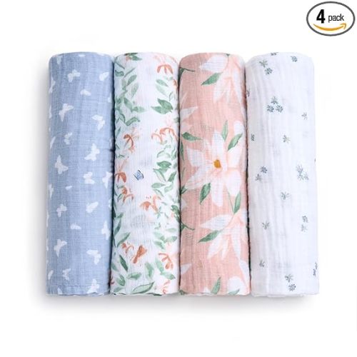 aden + anais Essentials Cotton Muslin Swaddle, 4 Pack, Butterfly Garden