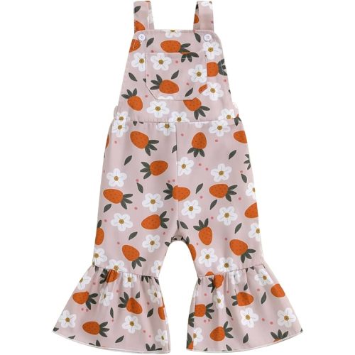 Emmababy Toddler Girl Denim Flare Jumpsuit Baby Floral Bell Bottom Romper Suspender Jeans Overalls Infant Fall Winter Clothes - Pink - 6-12 Months