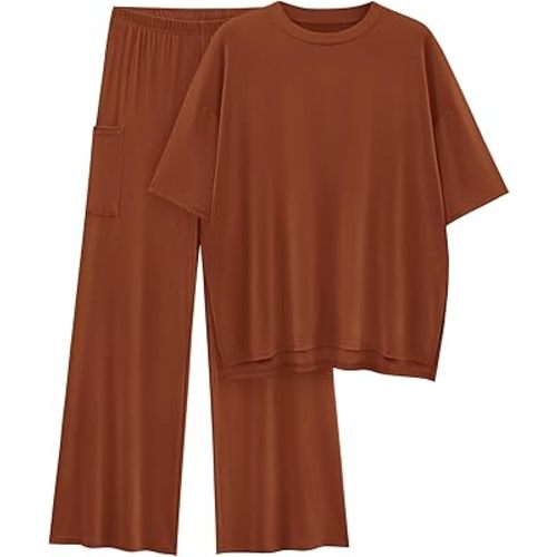 KIRUNDO Womens 2 Piece Outfits Lounge Set 2024 Casual Loose Short Sleeve Knit Pullover Tops and Wide Leg Pants Tracksuits