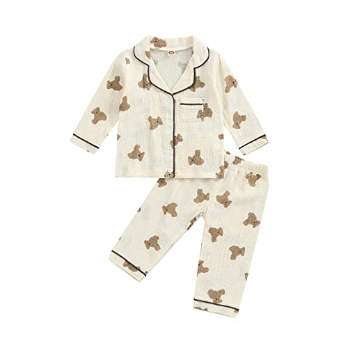 BULINGNA Kids Toddler Girl Boy Two Piece Pajamas Set Button Down Pajama Shirt Top Pants Shorts Bear Sleepwear Pjs Set