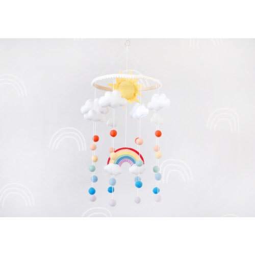 Felt rainbow mobile for crib, Baby nursery mobile, Felt ball mobile, Cloud mobile, Colorful mobile, Pastel crib mobile
