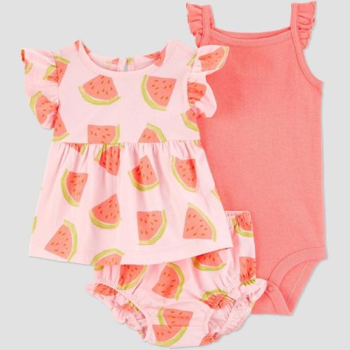 Carter's Just One You® Baby Girls' 3pc Watermelon Top & Bottom Set - Pink 3M: Cotton Sleeveless Outfit