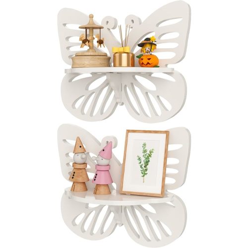 White Butterfly Shelves 2 Tier - Nursery Wall Deor Floating Shelf, Cute Wall Display Rack for Kid’s Room, Small Decorative Shelf Wall Mounted, Hanging Wall Shelf for Toys, Plants Storage.