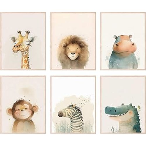 BigWig Prints Safari Animal Nursery Art - Unframed 6 Pack (8x10), Baby Animal Pictures, Jungle Nursery Wall Art for Boys