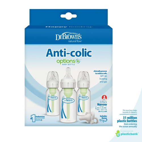 Dr. Brown’s Natural Flow Anti-Colic Options+ Narrow Baby Bottle, 4oz, Slow Flow, 0m+, 3 Pack