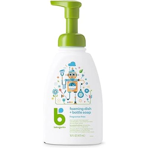 Babyganics Foaming Dish & Bottle Soap, Pump Bottle, Fragrance Free, Plant-Derived Cleaning Power, Removes Dried Milk, 16 Fl Oz