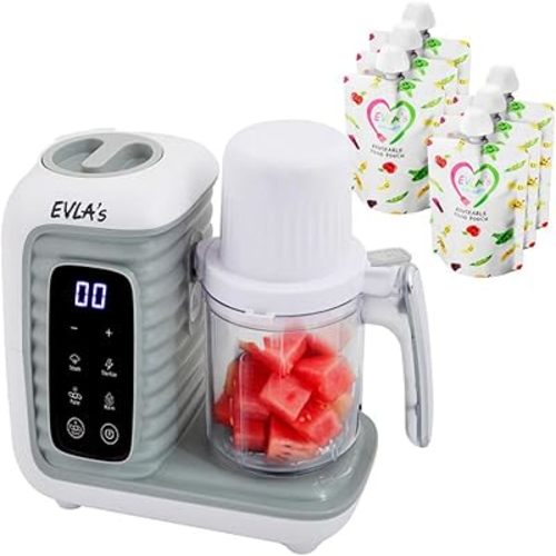 EVLA'S Double Baby Food Maker with 2 Steaming Baskets, Steamer, Blender, Grinder, Food Processor, Cook & Blends Healthy Baby Food in Minutes, Touch Screen, with 6 food pouches, White