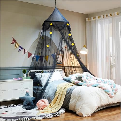Mosquito Net Canopy Bed Curtains Dome Stars Hanging Princess Bed Canopy Tents for Girls Boys Kids Room Decor Reading Nook Canopies, Black
