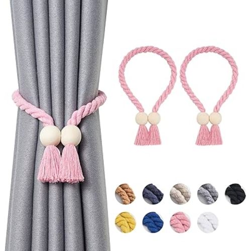 NICEEC 2 Pack Wooden Ball Magnetic Curtain Tiebacks Boho Home Decor Drape Tie Backs Natural Cotton Hand Woven Rope Curtain Holdbacks for Thin & Thick Home & Office Window Draperies (Pink)