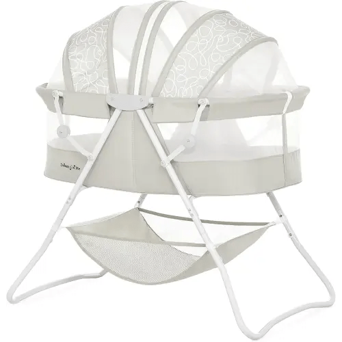 Dream On Me Karley Bassinet, Award Winner Lightweight Travel Baby Bassinet, Foldable Bedside Sleeper, Adjustable Double Canopy, Spacious Design, Soft Fabric, Storage Basket – Cool Gray