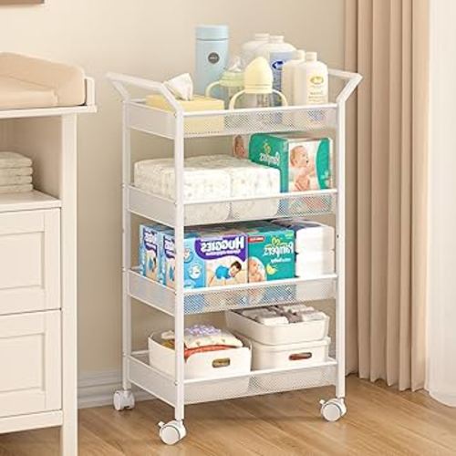 Baby Diaper Caddy Cart, 4-Tier Diaper Caddy Organizer and Storage, Rolling Utility Cart for Baby Supplies, Diaper Cart with Wheels for Bedroom, Nursery, Changing Table, White