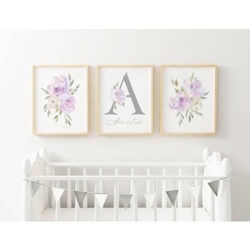 Purple Floral Personalised Nursery Wall Art - Girl Nursery Decor - Baby Room Print - Letter Name & Bouquets - Lilac Watercolour Rose Flowers