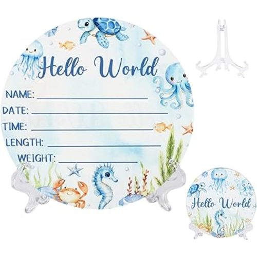 Acrylic Baby Birth Announcement Sign with Stand, Under The Sea Animal Theme Double-Sided Newborn Name Board, Hello World Milestone Card for Welcome Baby Hospital Nursery Gift Photo Prop